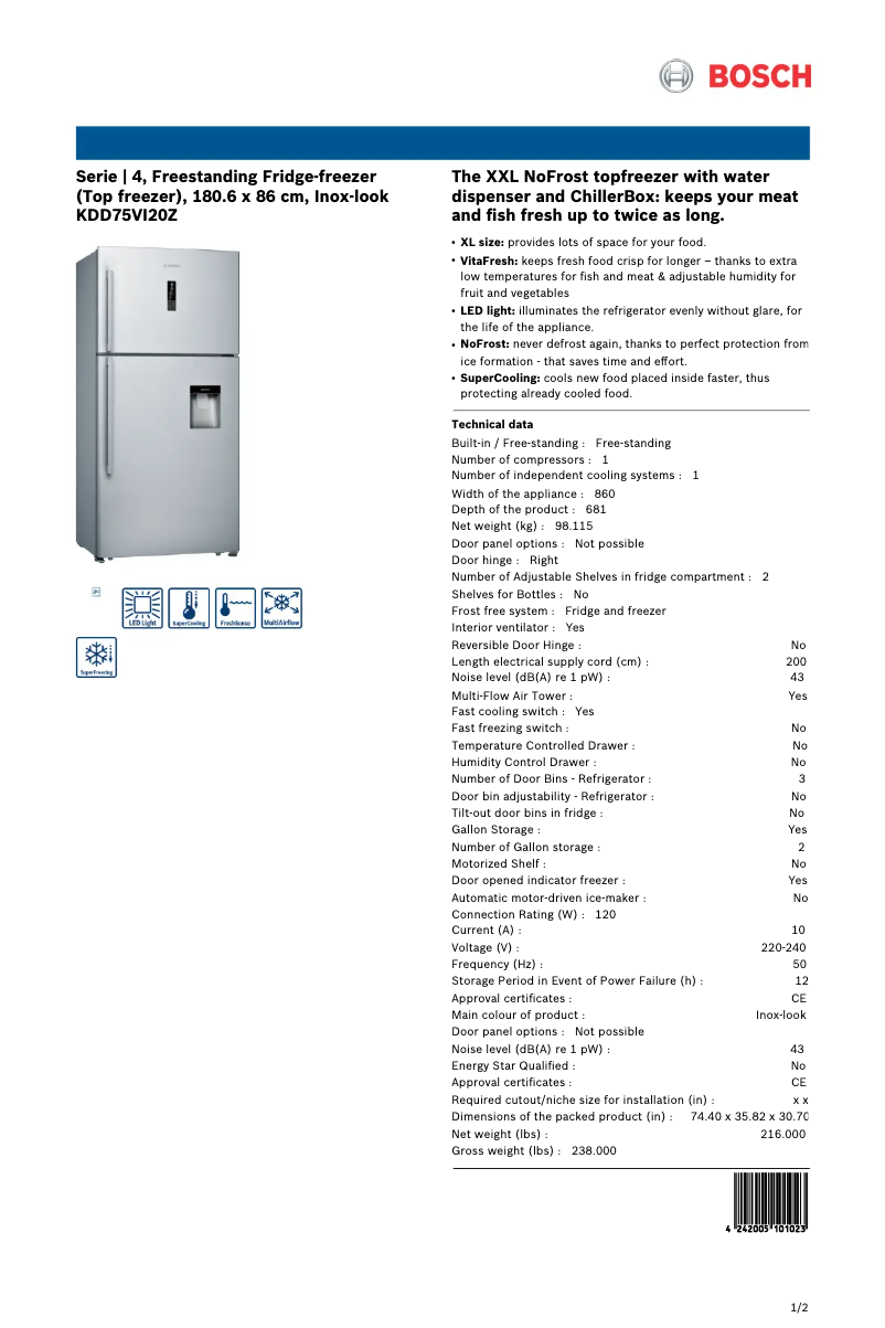 Page 1 de la notice Manuel utilisateur Bosch KDD75VI20Z