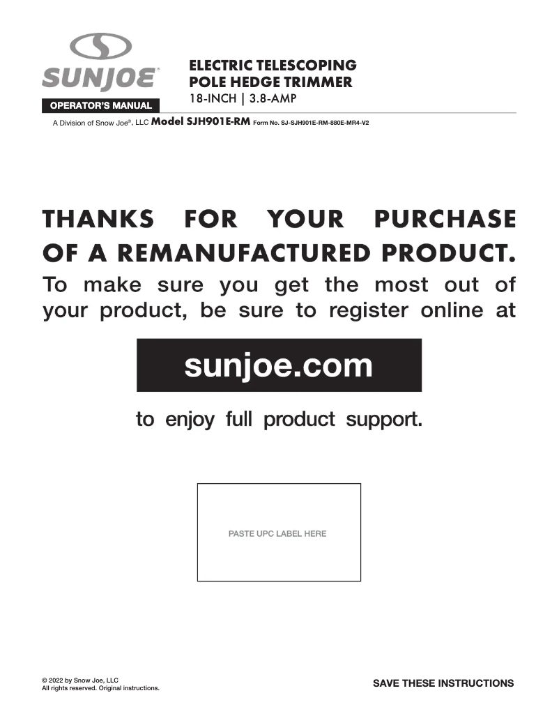 Page 1 de la notice Manuel utilisateur Sun Joe SJH901E-RM