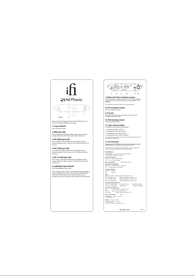 Page 1 of the manual User Manual iFi Audio ZEN Phono