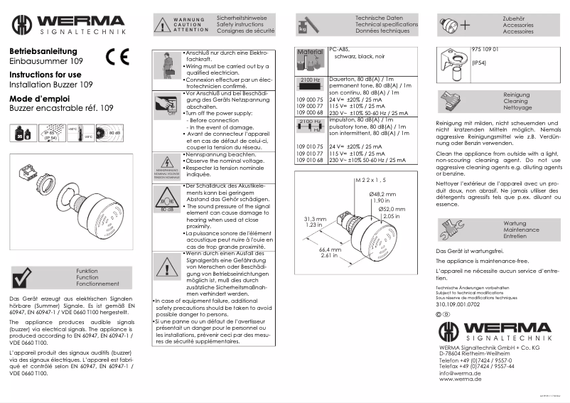 Page n°1 - Manuel utilisateur Werma 109.010.75