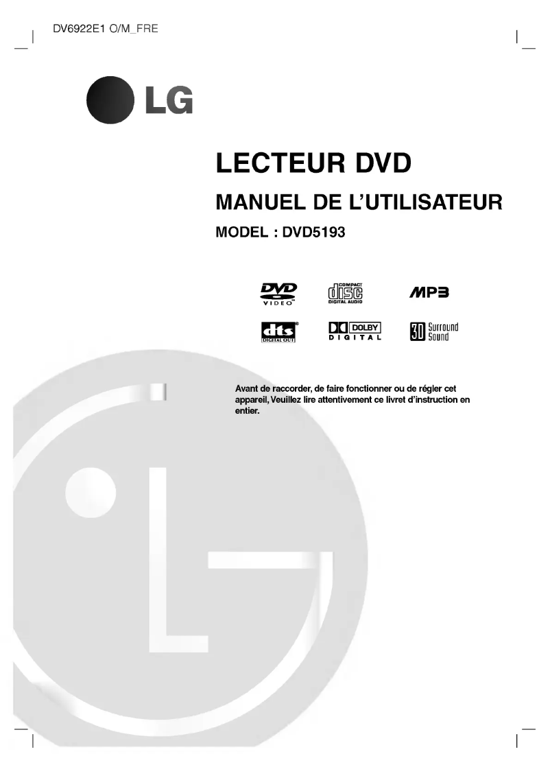 Page 1 de la notice Manuel utilisateur LG DV6922E1
