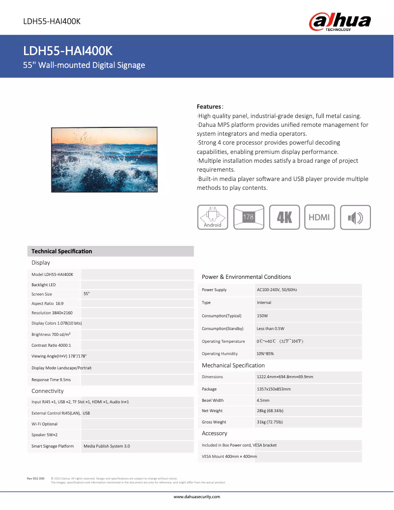 Page n°1 - Fiche technique Dahua Technology LDH55-HAI400K