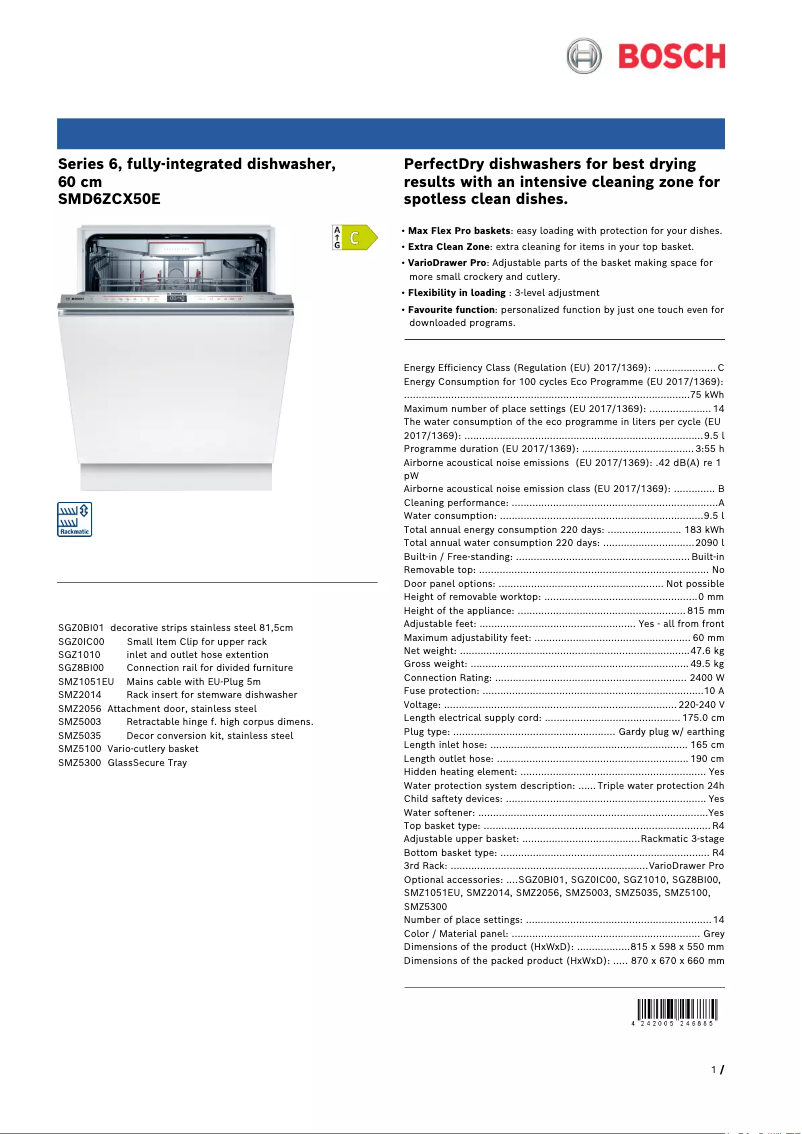Page 1 de la notice Fiche technique Bosch SMD6ZCX50E