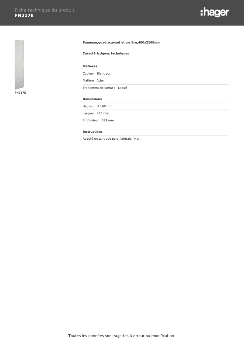 Page 1 de la notice Fiche technique Hager FN217E