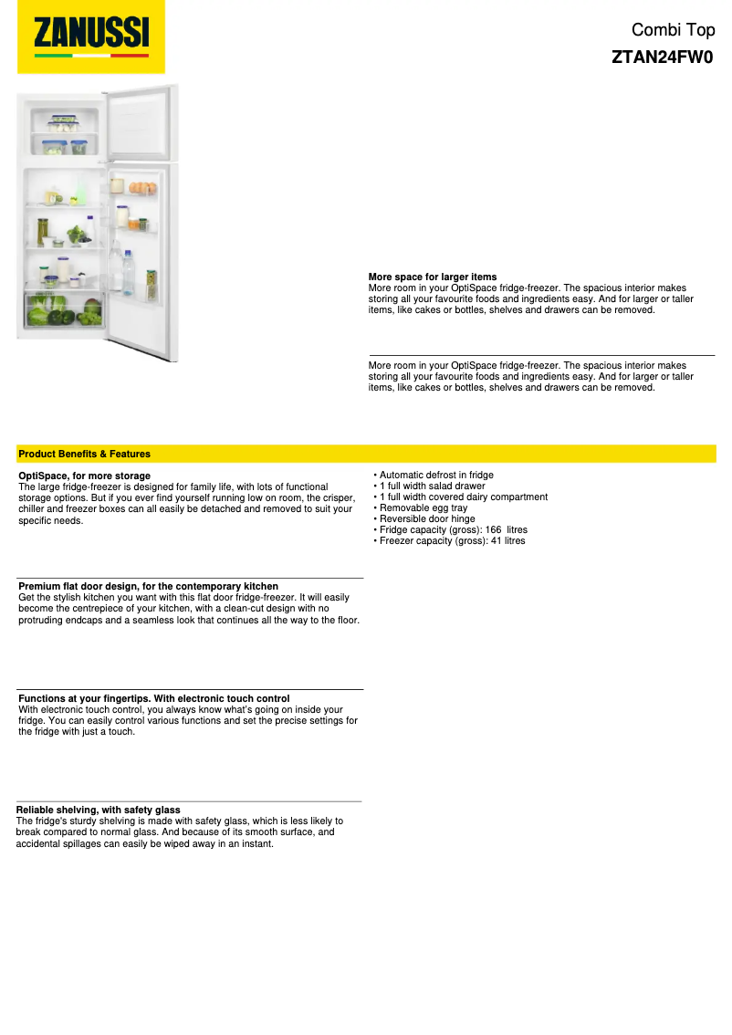 Page n°1 - Fiche technique Zanussi ZTAN24FW0
