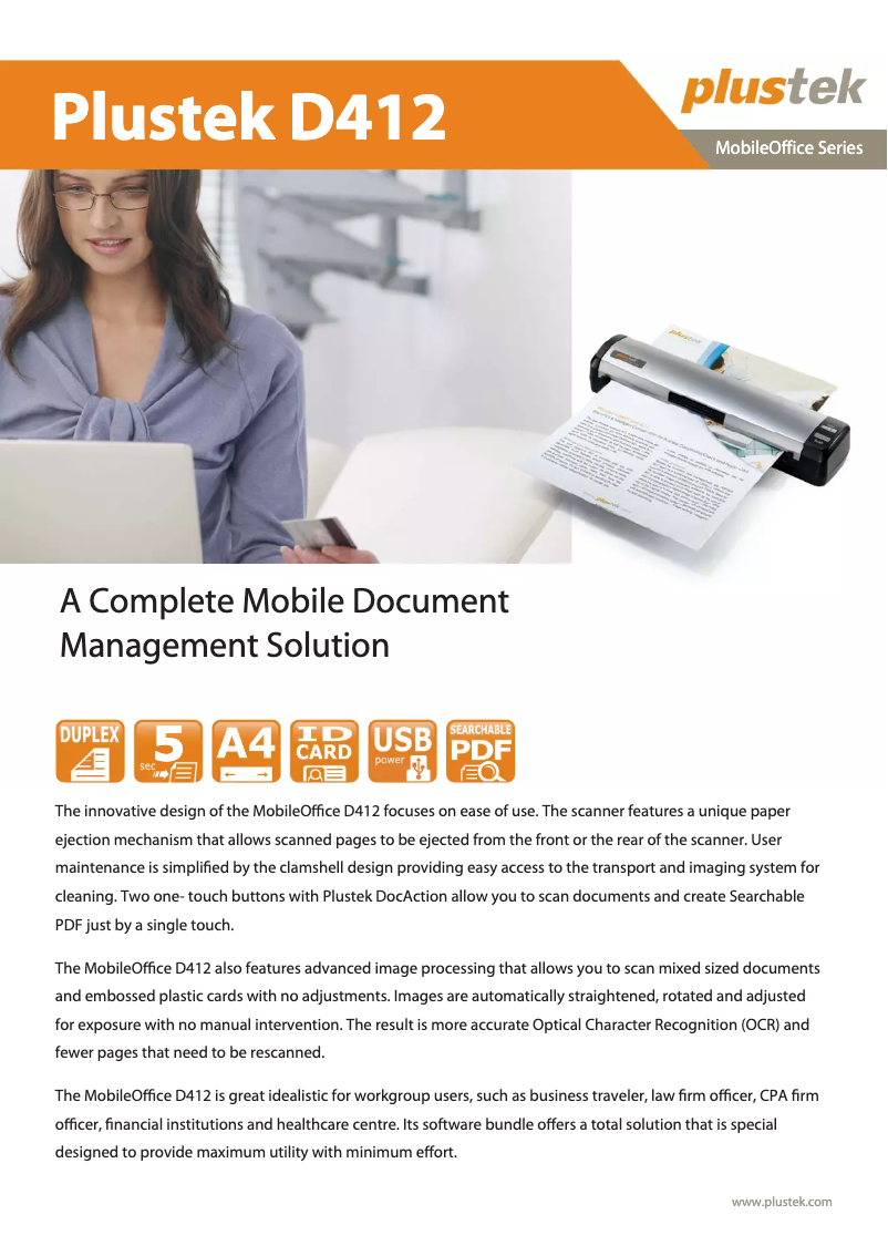 Page 1 de la notice Manuel utilisateur Plustek MobileOffice D412