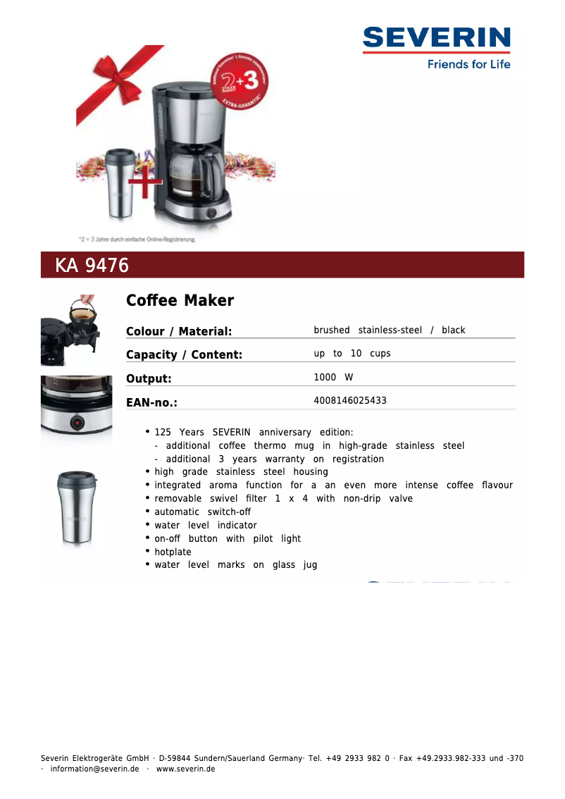 Page 1 de la notice Fiche technique Severin KA 9476