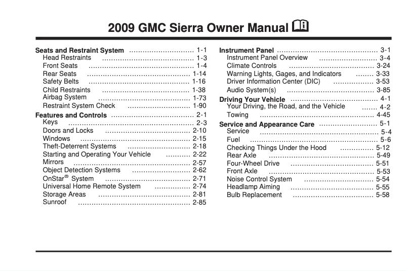 Page 1 de la notice Manuel utilisateur GMC Sierra HD (2009)