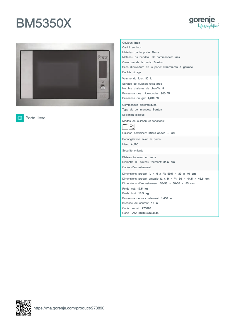 Page n°1 - Fiche technique Gorenje BM5350X