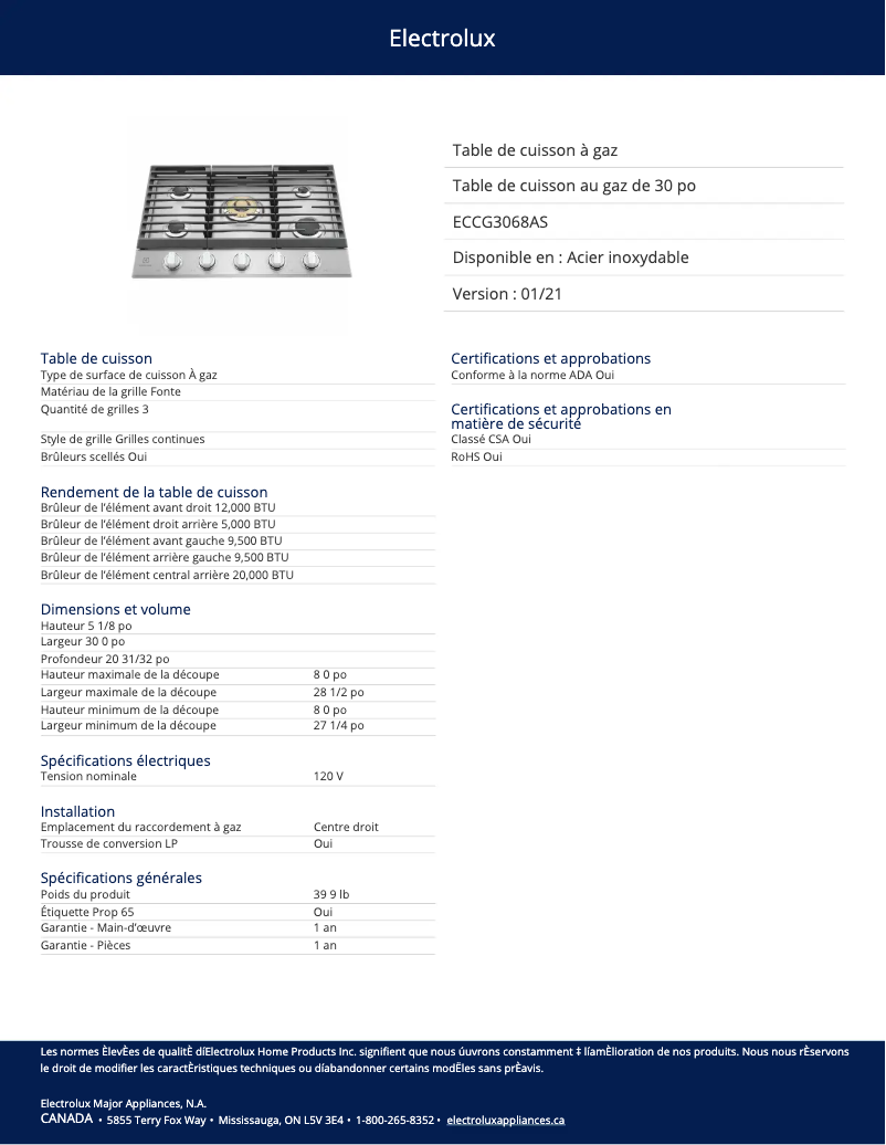 Page 1 de la notice Fiche technique Electrolux ECCG3068AS