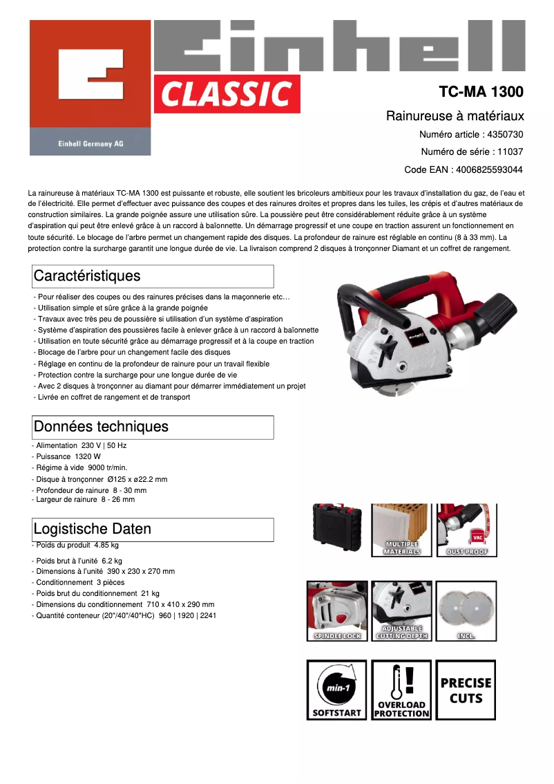 Page 1 de la notice Fiche technique Einhell TC-MA 1300