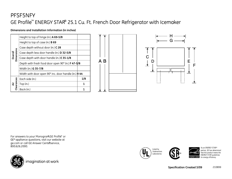 Page 1 de la notice Fiche technique GE Profile PFSF5NFYCC