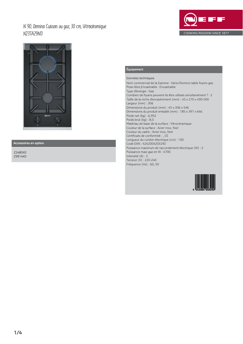 Page n°1 - Fiche technique Neff N23TA29N0