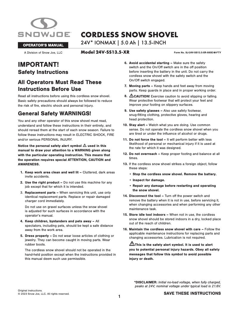 Page 1 de la notice Manuel utilisateur Snow Joe 24V-SS13.5-XR