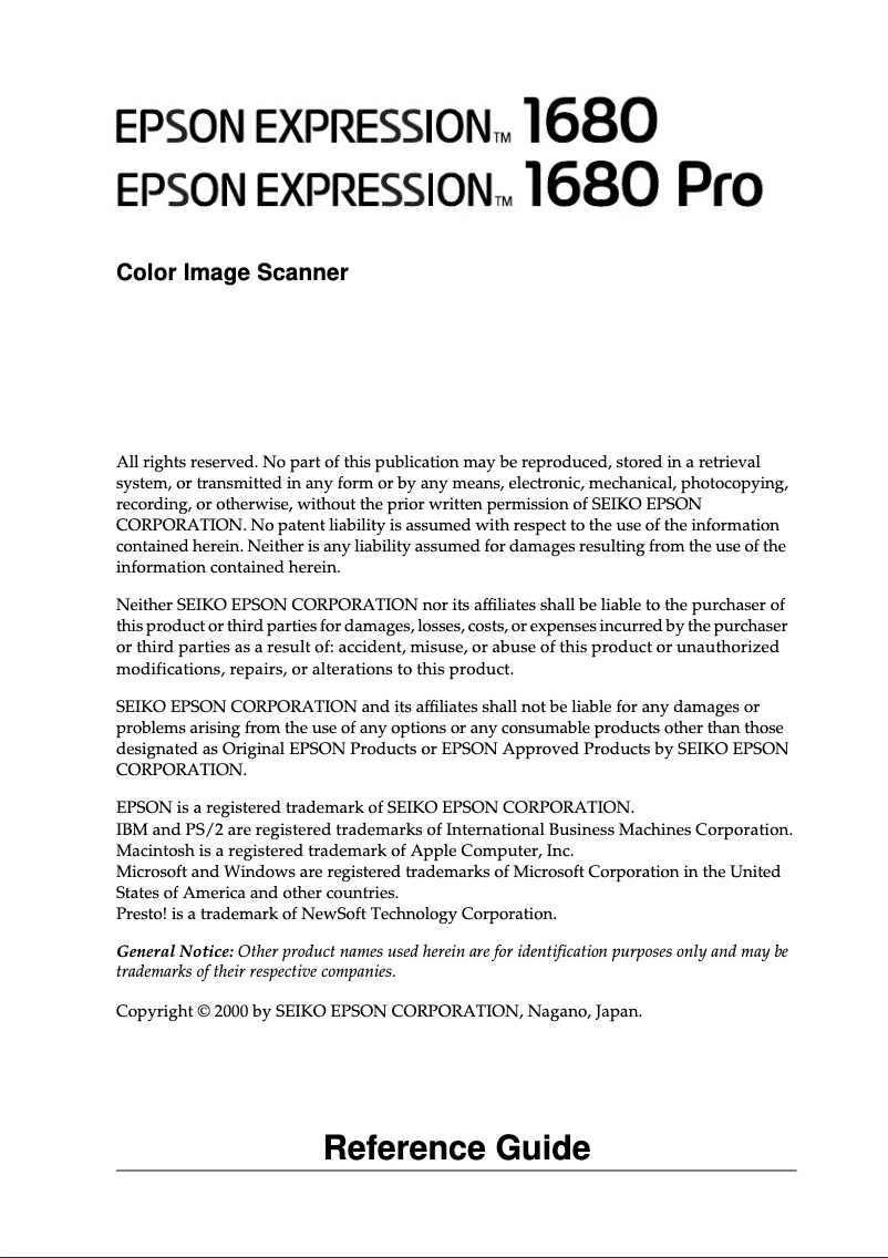 Page n°1 - Manuel utilisateur Epson Expression 1680 Pro