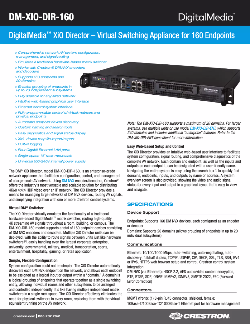 Page 1 de la notice Manuel utilisateur Crestron DM-XIO-DIR-160