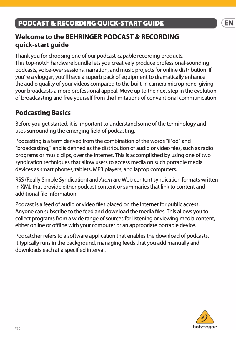 Page 1 de la notice Manuel utilisateur Behringer Podcastudio USB