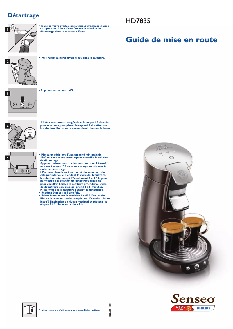 Page n°1 - Guide de démarrage rapide Philips Senseo Viva Cafe HD7835