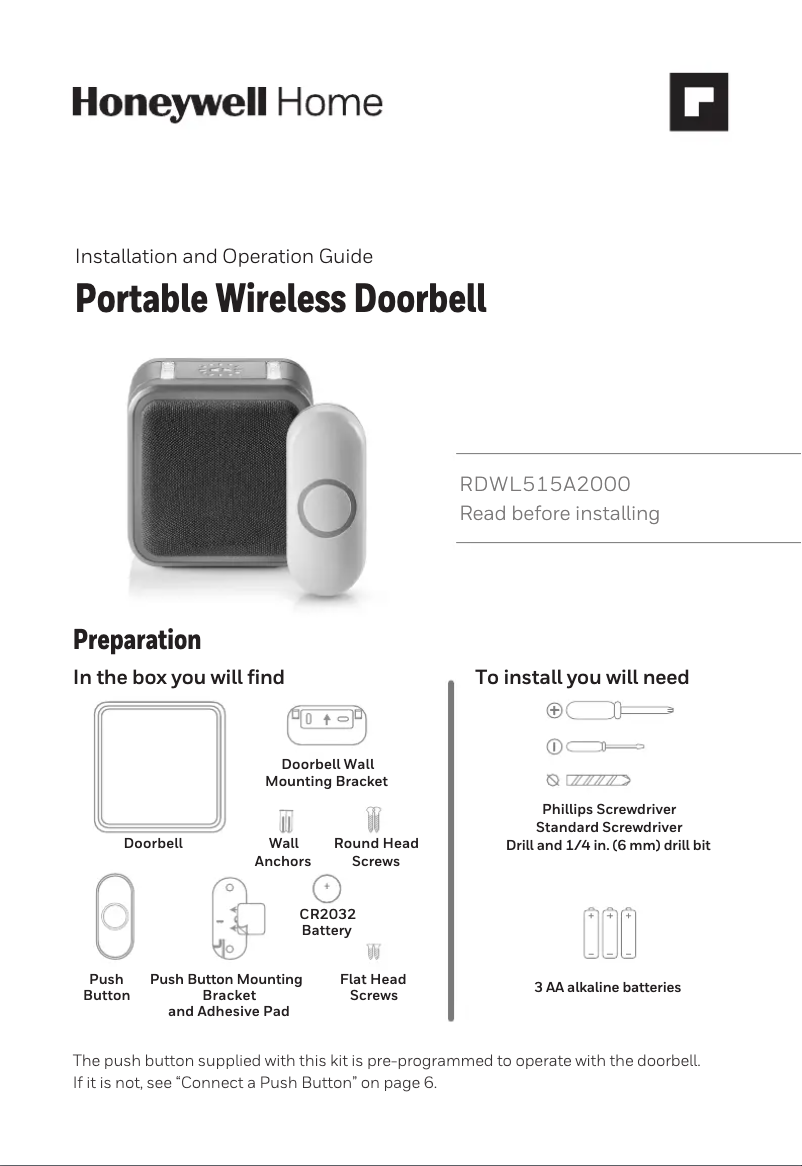 Page n°1 - Manuel utilisateur Honeywell RDWL515A2000