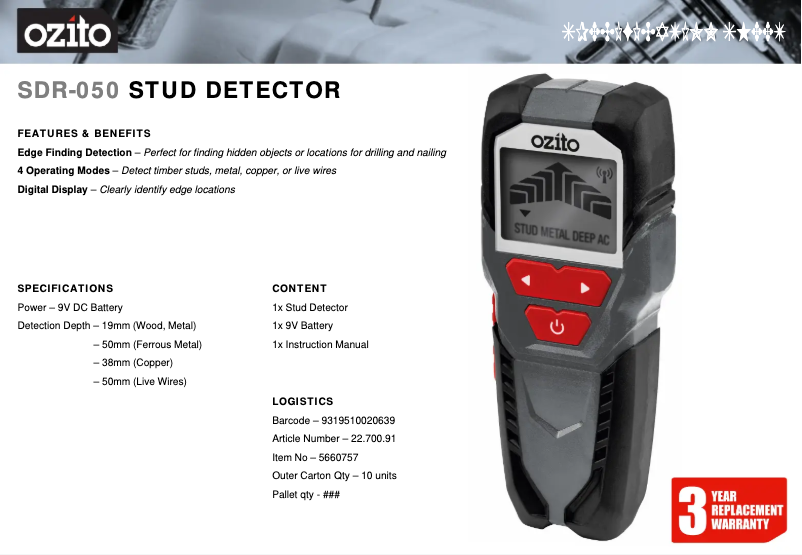 Page n°1 - Fiche technique Ozito SDR-050