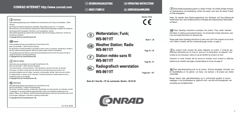 Page 1 de la notice Manuel utilisateur Techno Line WS 9611 IT