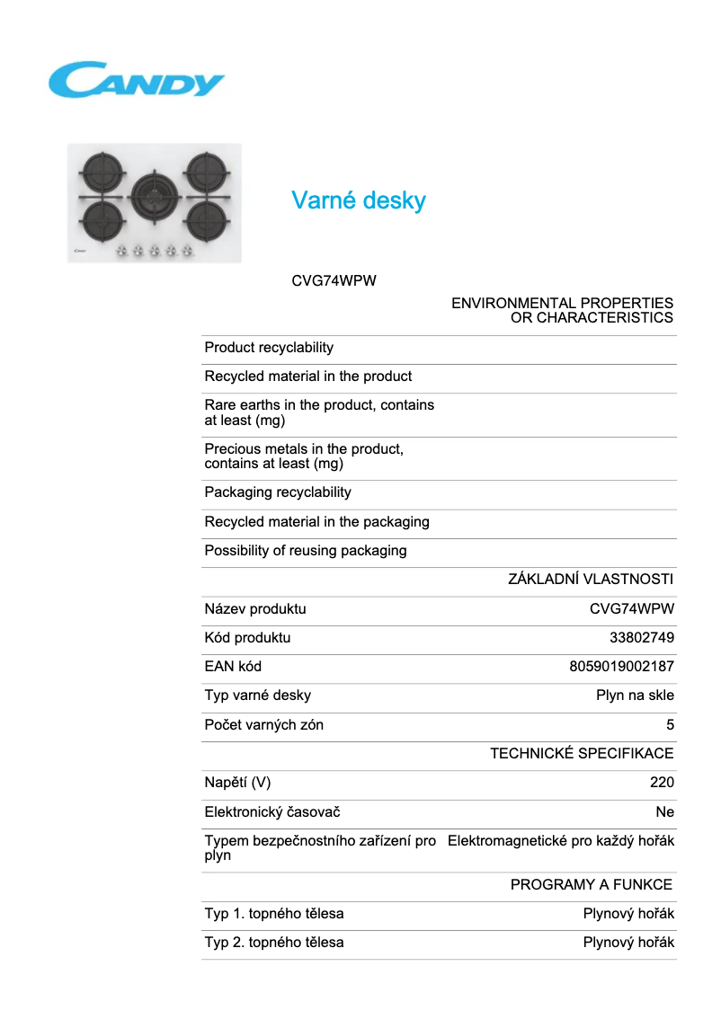 Página 1 del manual Ficha técnica Candy CVG74WPW