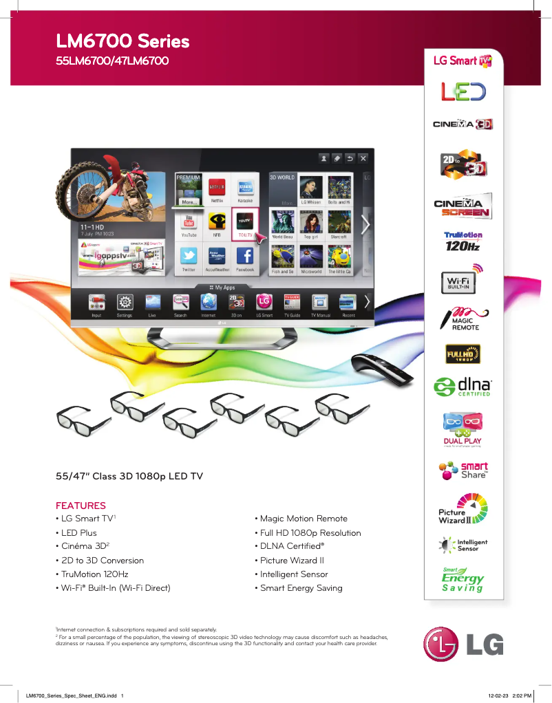 Page 1 de la notice Fiche technique LG 55LM6700