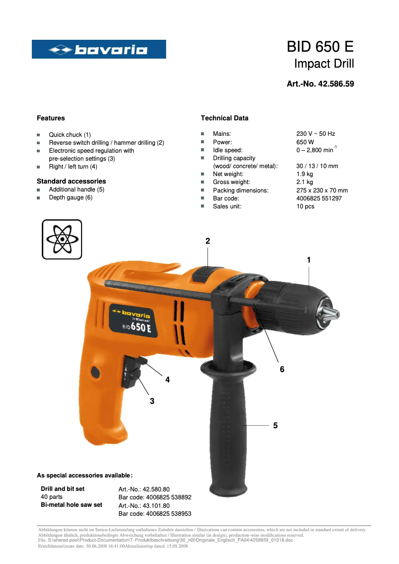 Page 1 de la notice Manuel utilisateur Bavaria by Einhell BID 650 E