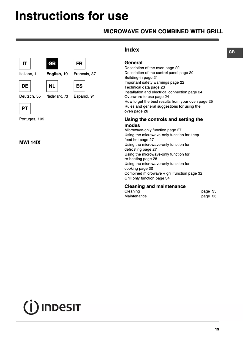 Page 1 de la notice Manuel utilisateur Indesit MWI 14IX