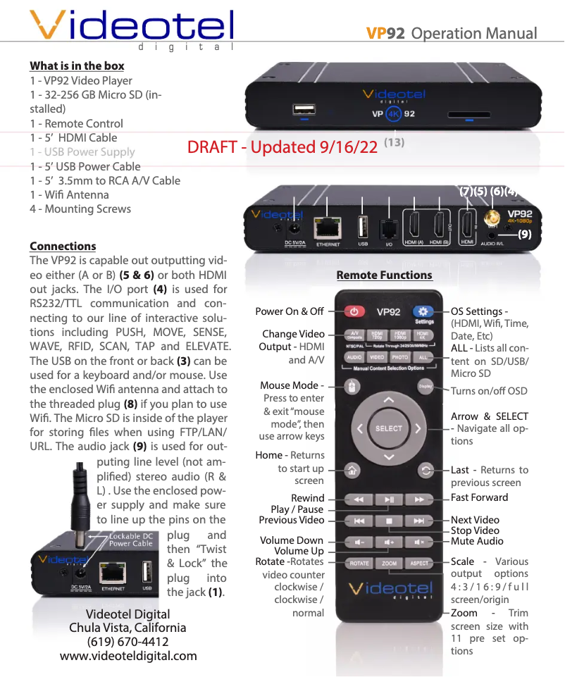 Page 1 de la notice Manuel utilisateur Videotel Digital VP92 4K