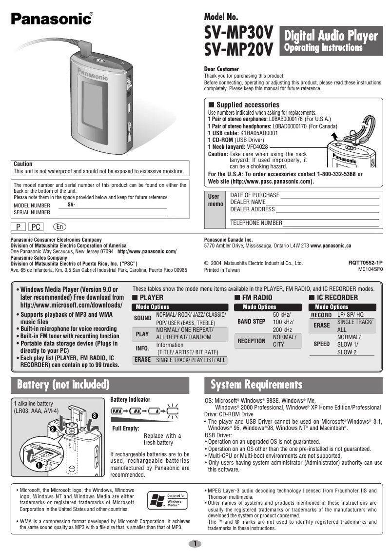 Page 1 de la notice Manuel utilisateur Panasonic SV-MP20V