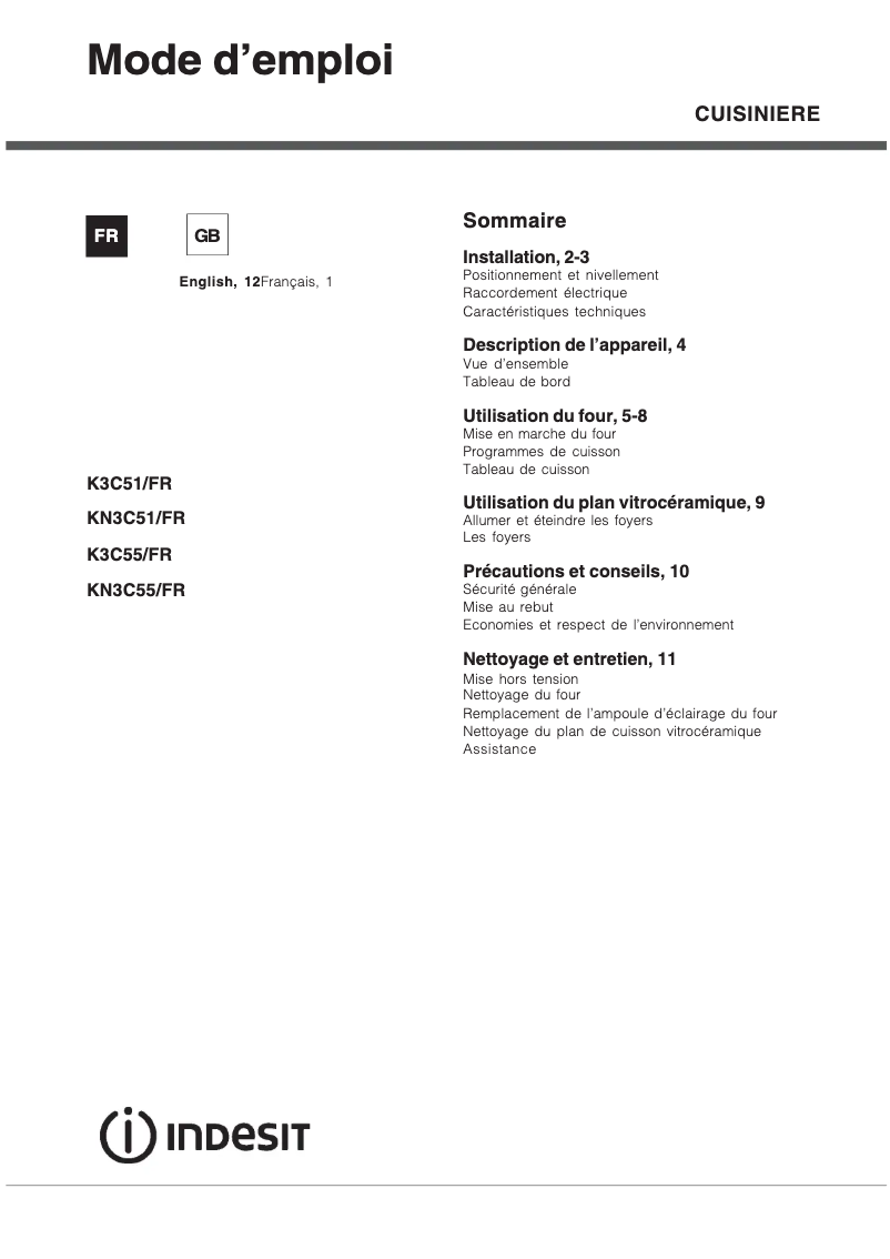 Page 1 de la notice Manuel utilisateur Indesit K3C51(W)/FR