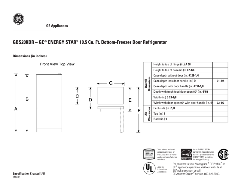 Page n°1 - Fiche technique GE GBS20KBRWW