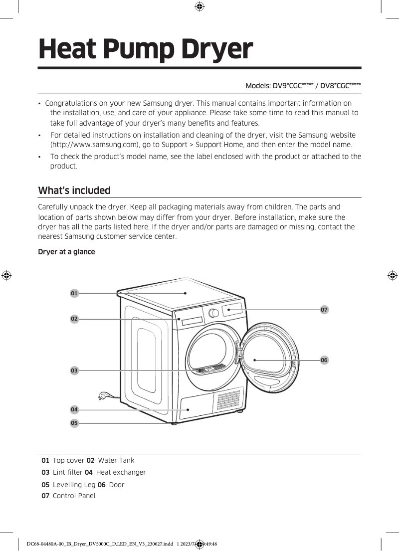 Page 1 de la notice Manuel utilisateur Samsung DV90CGC0A0AB