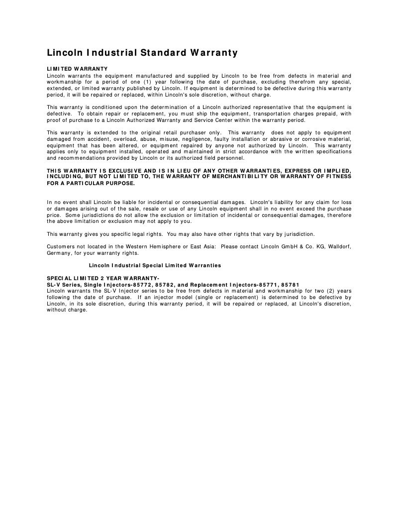 Page n°1 - Informations de garantie Lincoln Industrial G103