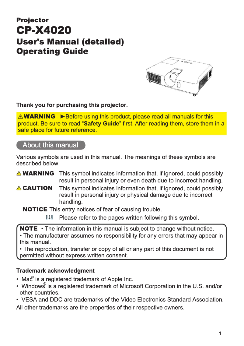 Page 1 de la notice Manuel utilisateur Hitachi CP-X4020GF