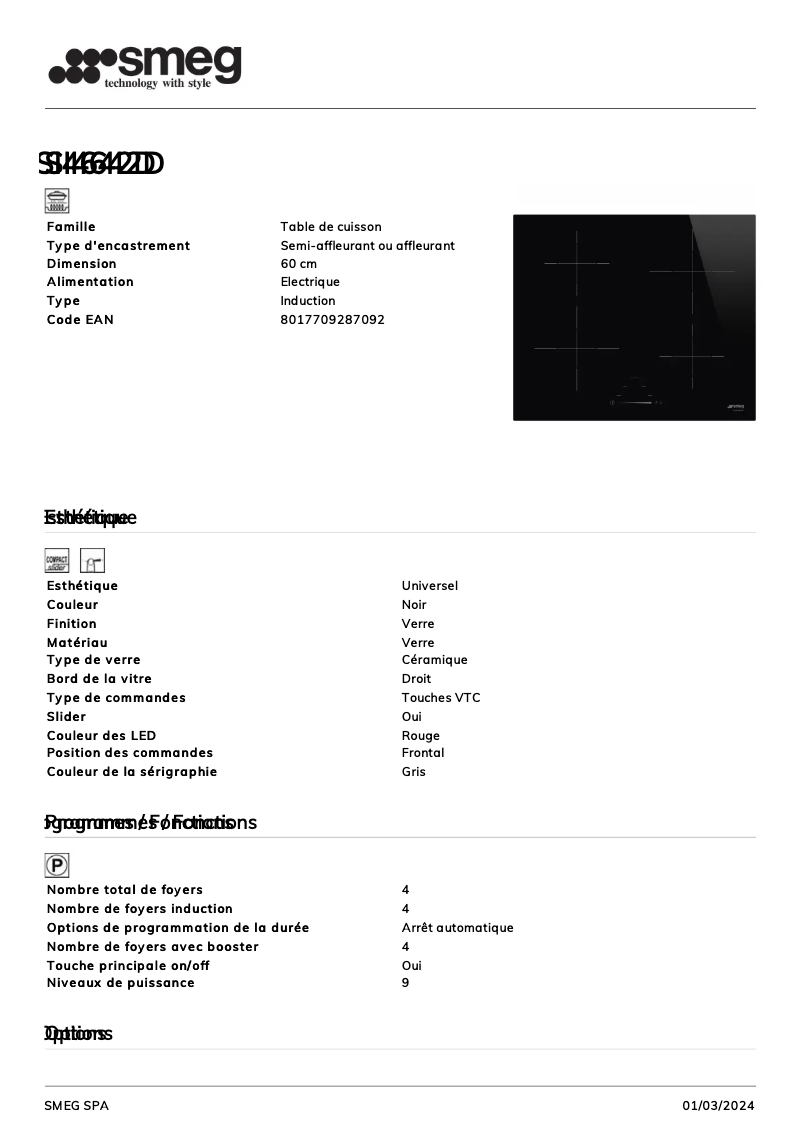 Page 1 de la notice Fiche technique Smeg SI4642D