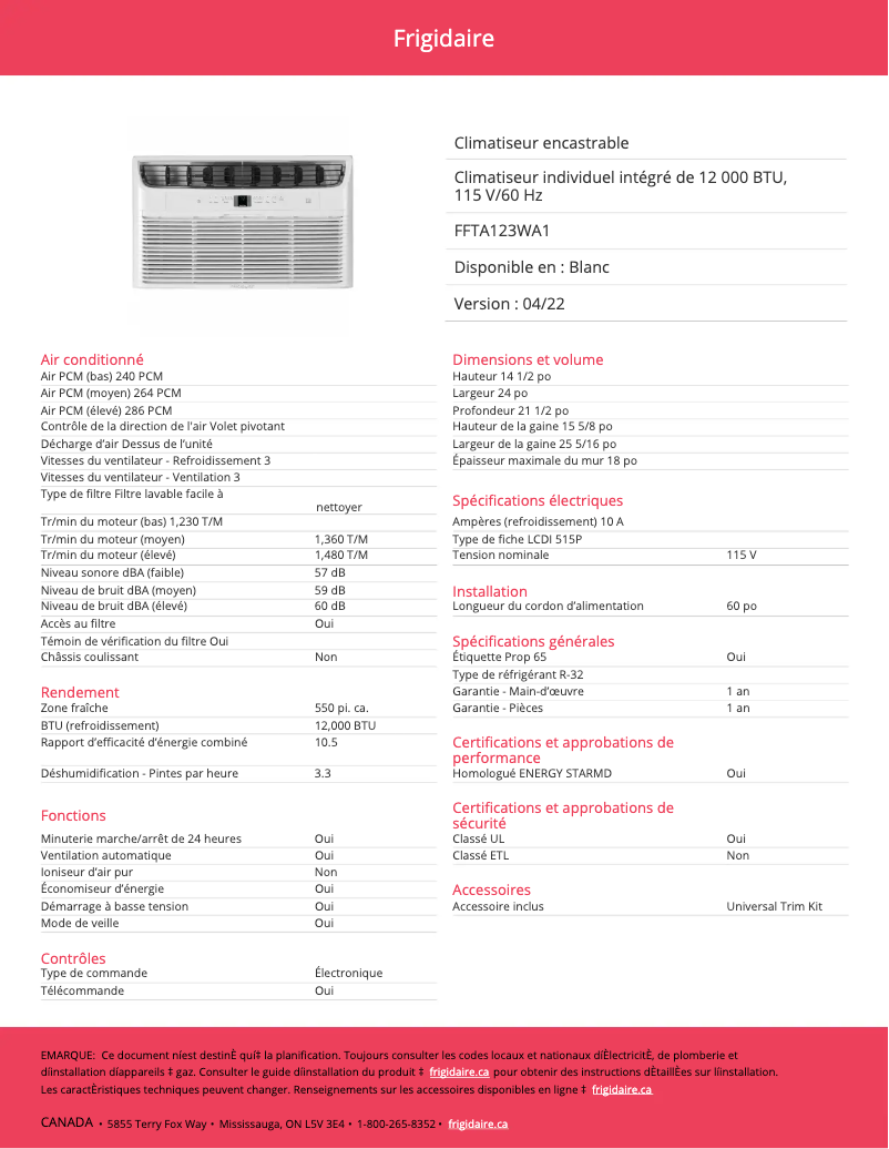 Page 1 de la notice Fiche technique Frigidaire FFTA123WA1