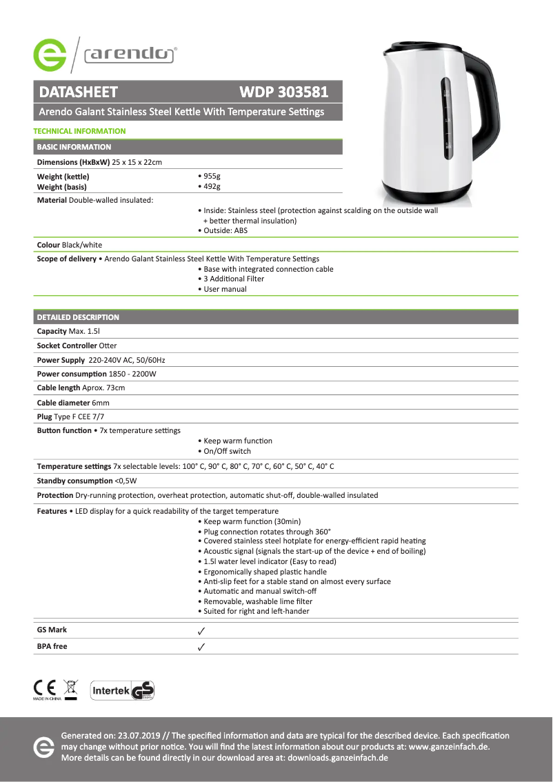 Page n°1 - Fiche technique Arendo 302581