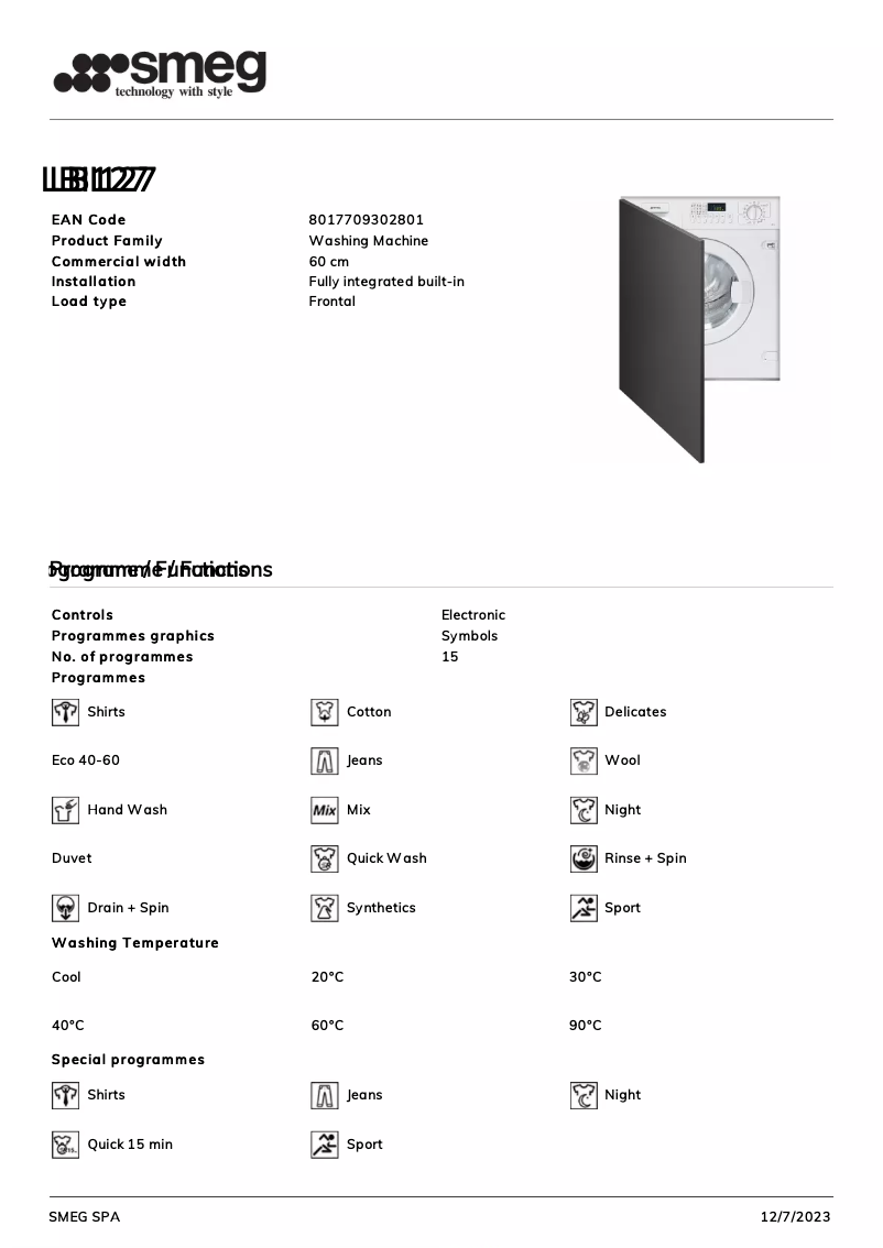 Page 1 de la notice Fiche technique Smeg LBI127