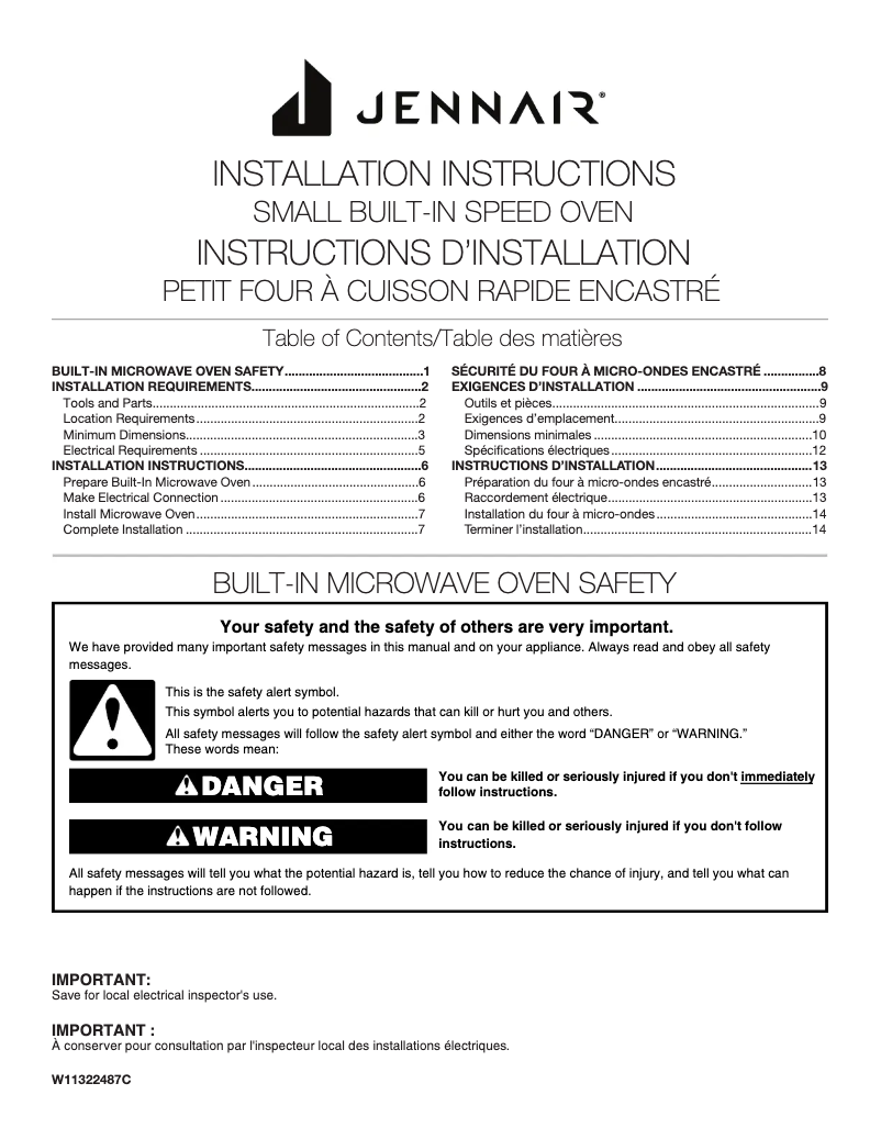 Page n°1 - Guide d'installation Jenn-Air JMC6224HL