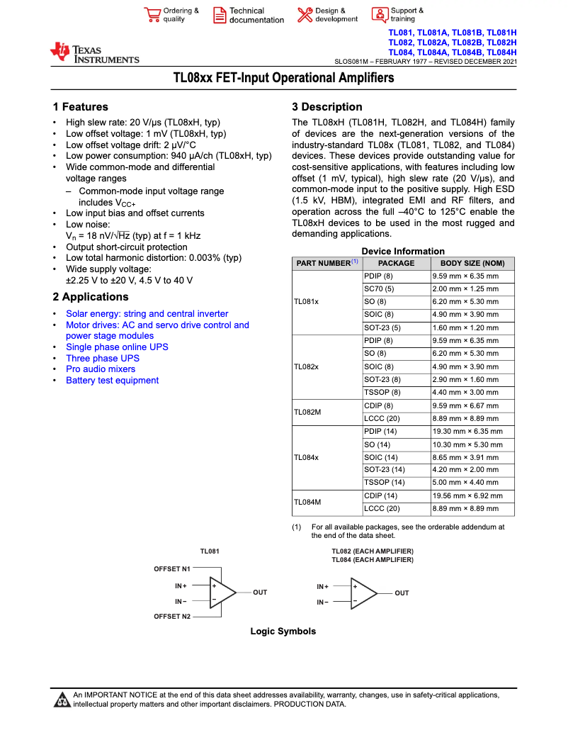 Page 1 de la notice Manuel utilisateur Texas Instruments TL082CD