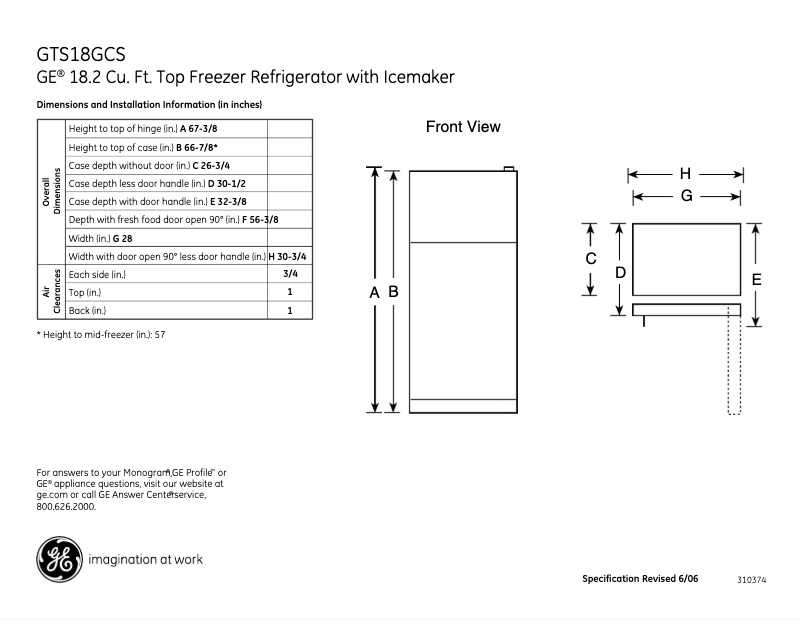Page 1 de la notice Fiche technique GE GTS18GCSWW