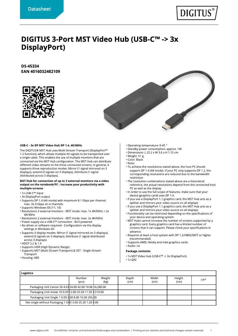 Page 1 de la notice Fiche technique Digitus DS-45334