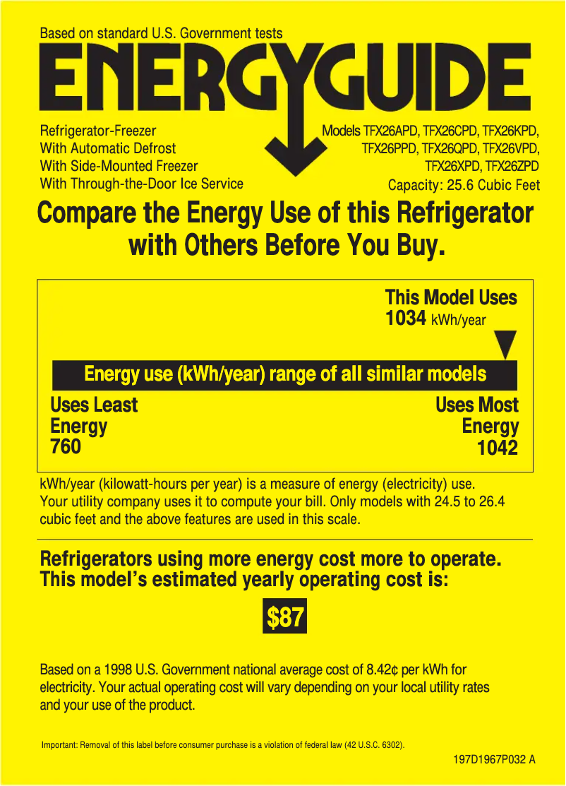 Page 1 de la notice Label énergétique GE TFX26ZPDBB