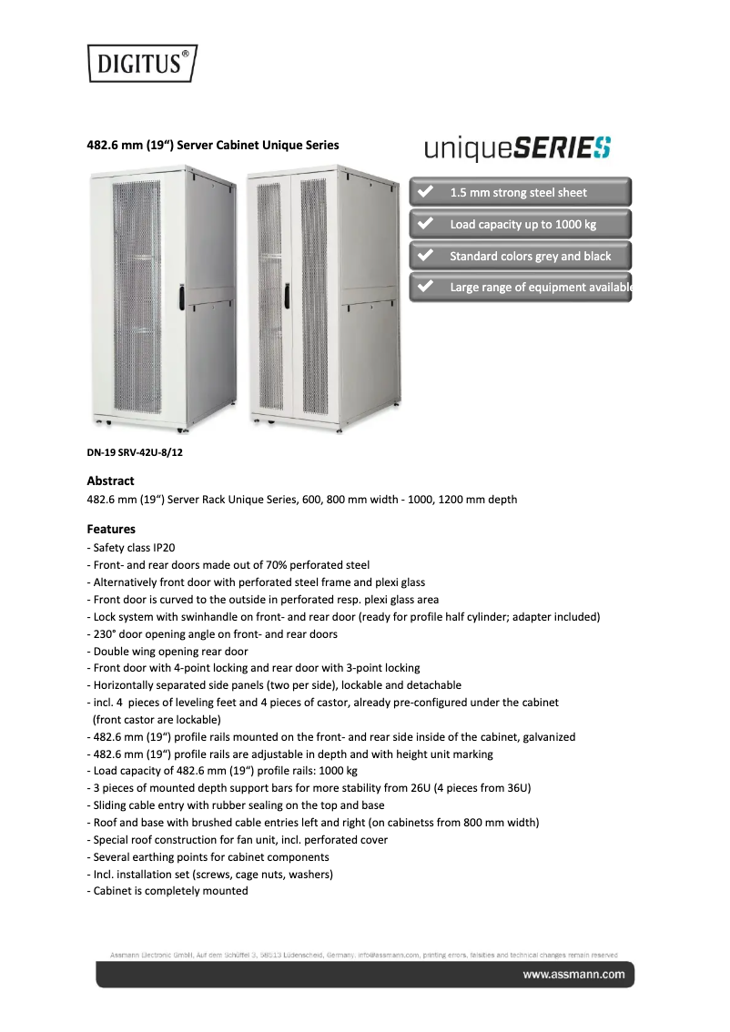 Page 1 de la notice Fiche technique Digitus DN-19 SRV-42U-N-1