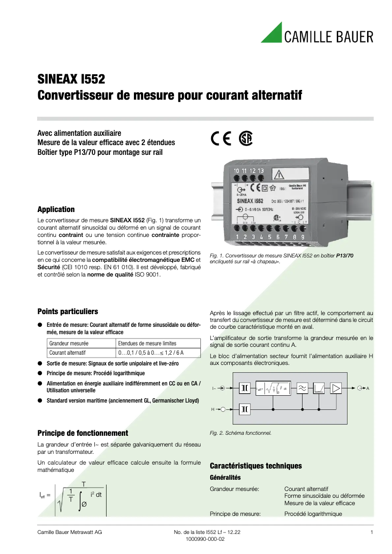 Page n°1 - Fiche technique Camille Bauer Sineax I552