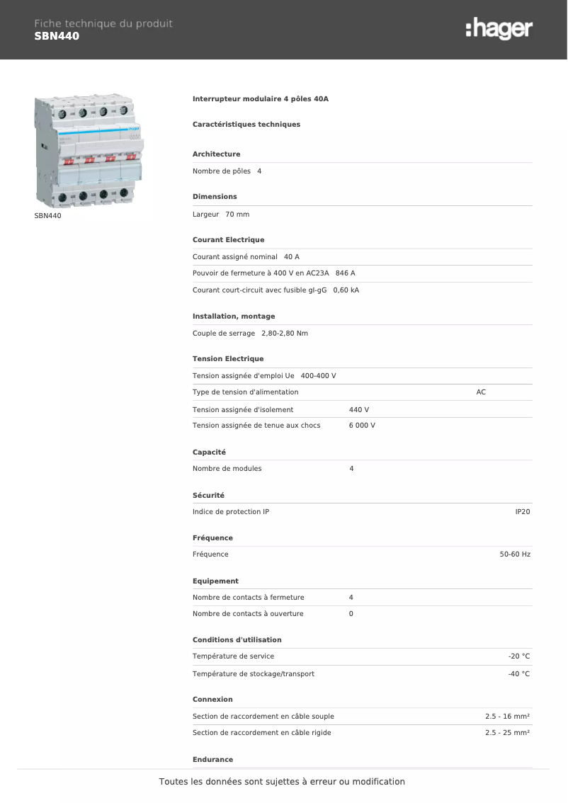 Page 1 de la notice Fiche technique Hager SBN440