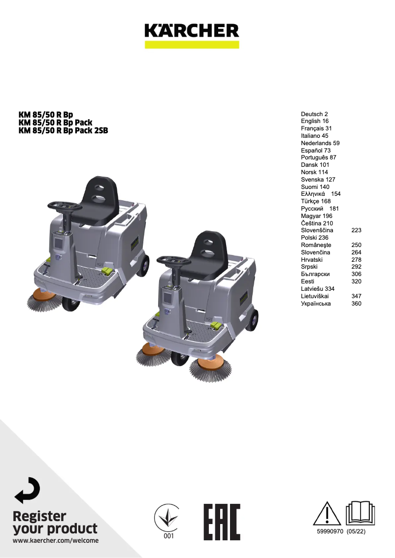Page 1 de la notice Manuel utilisateur Kärcher KM 85/50 R Bp Pack