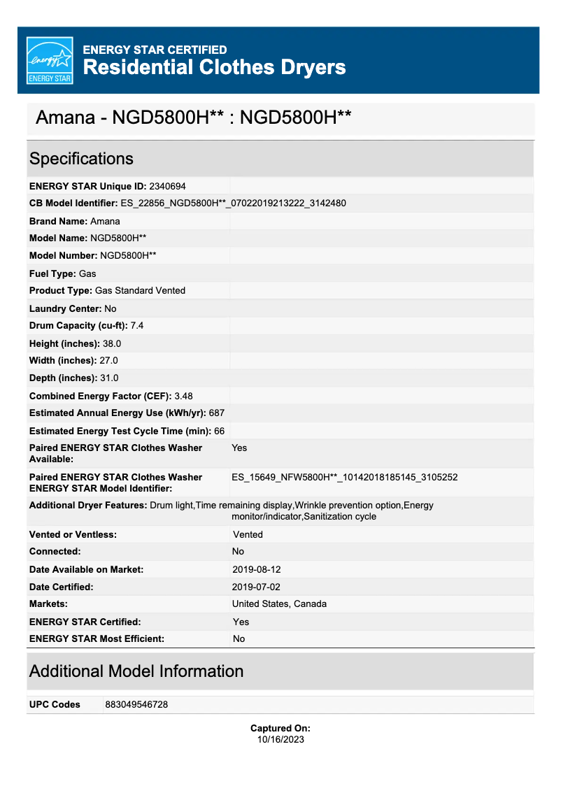 Page n°1 - Label énergétique Amana NGD5800HW